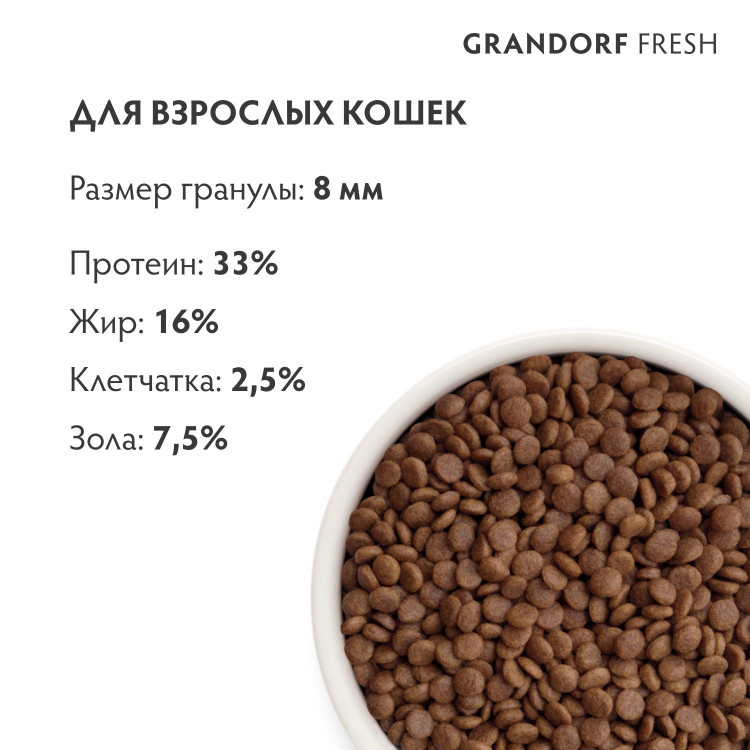 GRANDORF Fresh (Грандорф Фреш) Беззерновой корм с живыми пробиотиками Cat ADULT Lamb&Sweet Potato (Свежее мясо ягненка с бататом для кошек)