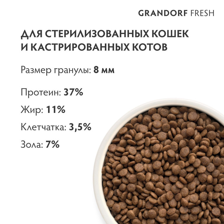 GRANDORF Fresh (Грандорф Фреш) Беззерновой корм с живыми пробиотиками Cat STERILISED Duck&Sweet Potato (Свежее мясо утки с бататом для стерилизованных кошек)